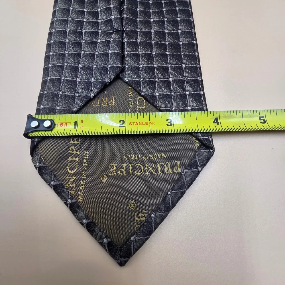 Principe Italy Mens Silk Tie Black Grey Geometric Grid Pattern Professional 3.¾